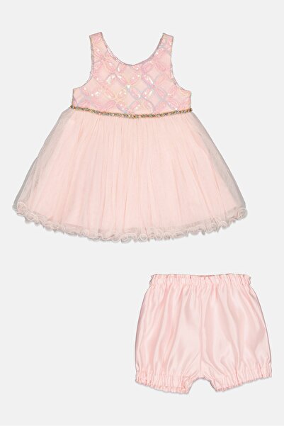 American Princess طقم فستان شبكي وشورت للبنات الصغار، وردي