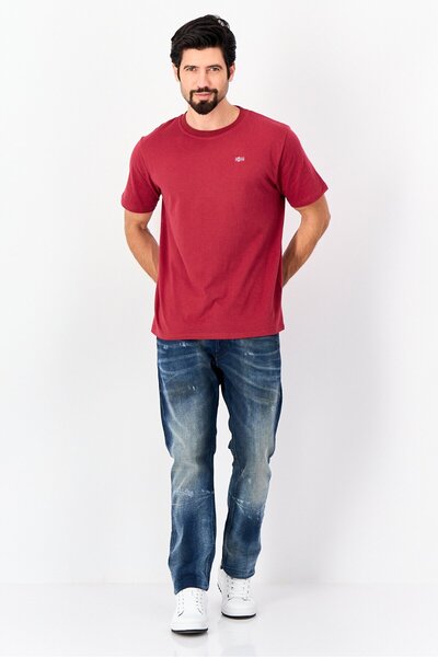 NORTHLAND Men Ribbed Collar Short Sleeve Brand Logo T-Shirt, Red