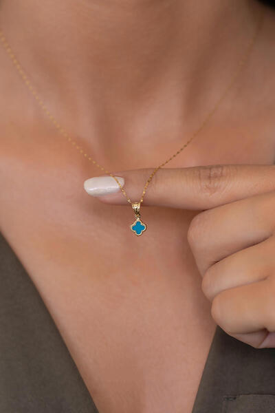 Bayar Gold 14 Ayar Altın Turkuaz Yonca Kolye