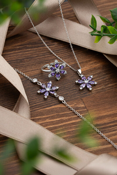 Roza Silver 925 Ayar Ametist Taşlı Rodyum Lotus Çiçeği 3'lü Gümüş Set
