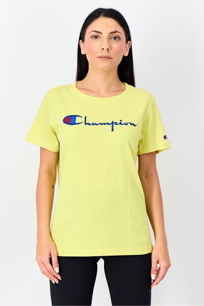 Champion تي شيرت نسائي رياضي بأكمام قصيرة للخارج، باللون الأصفر