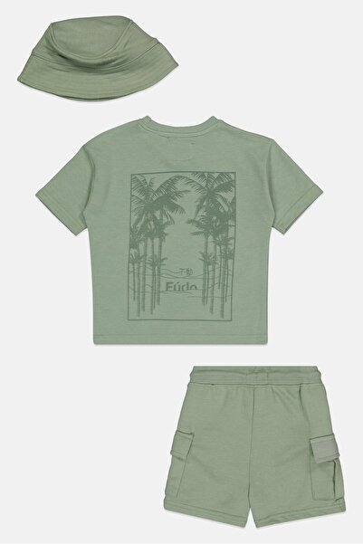 Fudo Toddlers Boy Brand Logo T-Shirt And Shorts With Hat Set, Sage Green