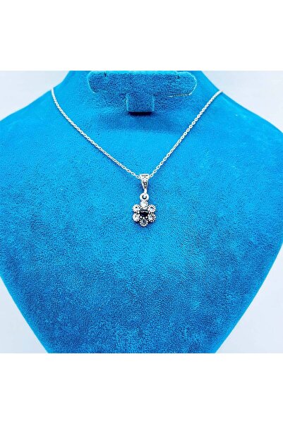 tesbihpasaji Papatya Model Zirkon ve Oltu Taşı Tasarım 925 Ayar Gümüş Kolye