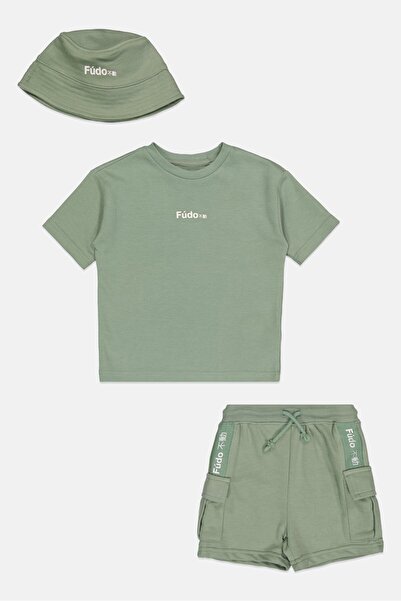 Fudo Toddlers Boy Brand Logo T-Shirt And Shorts With Hat Set, Sage Green