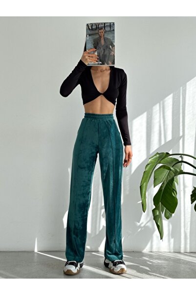 TheyYou Kadife Dokulu Bol Paça Spor Pantolon – Rahat Kalıp Lastikli Bel, Cepl...