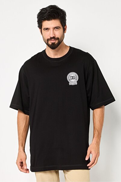 Dolce&Gabbana Men Crew Neck Short Sleeve Embroidered Logo T-Shirt, Black