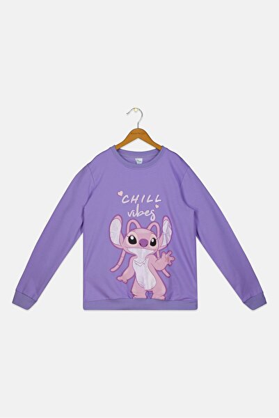 Disney Kids Girl Crew Neck Long Sleeve Graphic Print Sweatshirt, Lavender