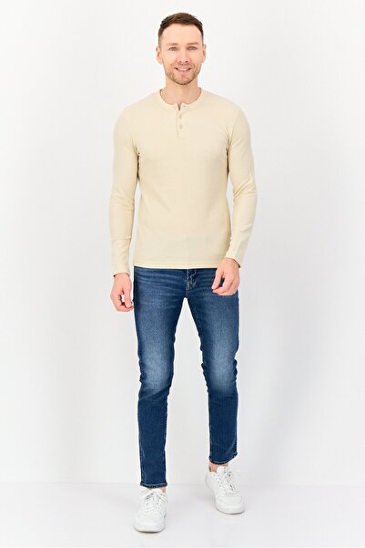 CELIO Men Crew Neck Long Sleeve Plain T-Shirt, Beige
