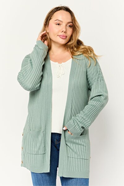 PİNK ROSE Women Split Neck Stripped Cardigan, Jade Green