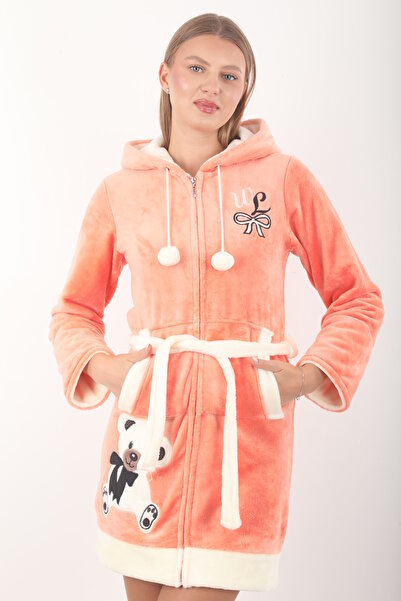 Wild Love Women's Hooded Embroidered Zippered Short Dressing Gown