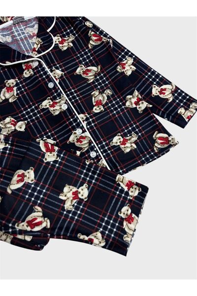 ALİŞ KİDS Cotton Suede Fabric Navy Blue Teddy Bear Patterned Shirt Collar Buttoned Pajama Set Suitable for Girl and Mother