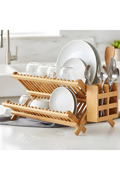 Elindor ® Scurgător de vase pliabil, suport pentru chiuvetă încorporat, bambu...