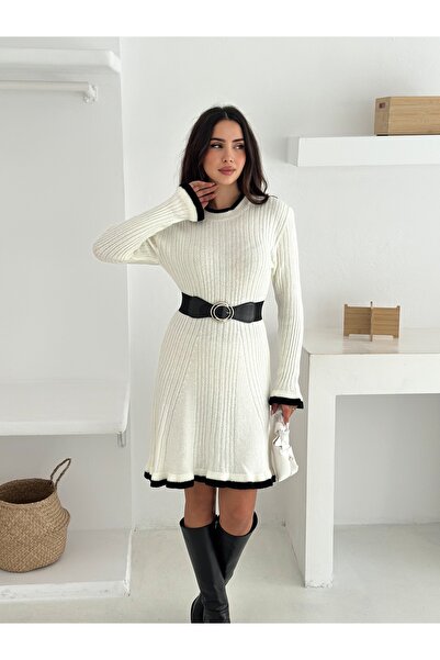 b buhari bykoc Belted Ribbed Crew Neck Knit Dress