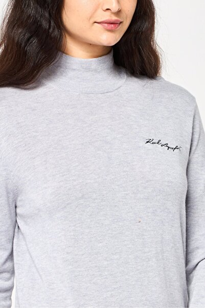Karl Lagerfeld Women High Neck Embroidered Logo Long Sleeves Sweater, Grey