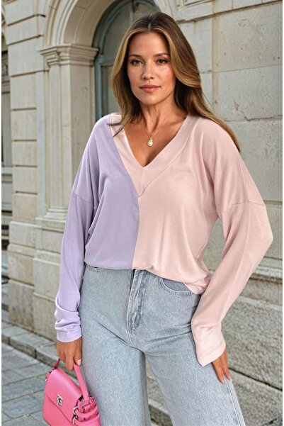 Pasaklı Giyim Women's Color Block Long Sleeve V-Neck Casual Blouse 3587200
