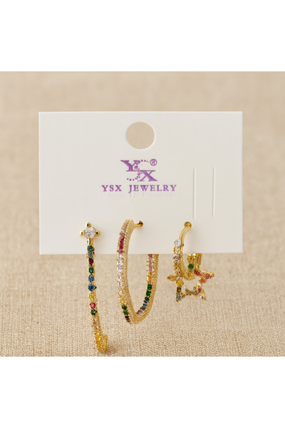 ŞEHRAZAT HANDMADE TASARIM Gold Renkli Taşlı Çelik 3'lü Küpe Seti(Ysx)