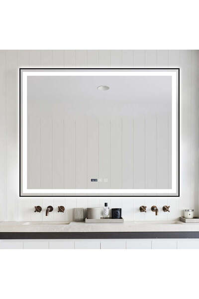 Smack Oglindă LED și tactilă, cu funcție de dezaburire și ceas, ramă neagră m...