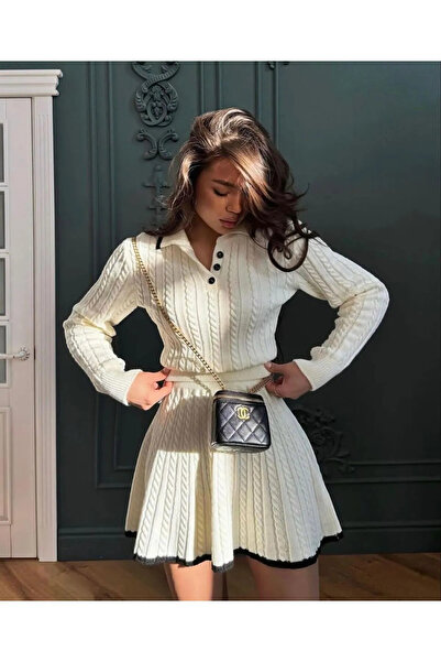 orjinal blue b Women's White Polo Neck Stripe Detailed Skirt Sweater Two-Piece Set