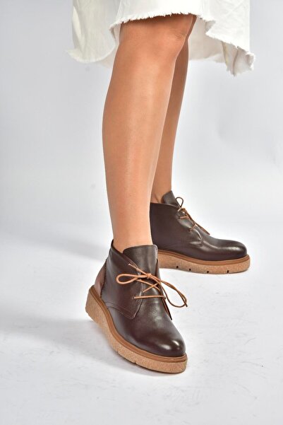Fox Shoes V555011003 Kahverengi Hakiki Deri Comfort Ortopedik Taban Bağcıklı Kadın Bot