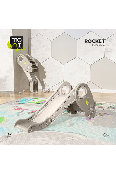 Moni Rocket Green children's slide with foldable design, support handles, rounded edges, long