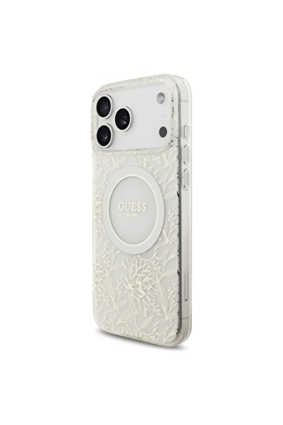 Guess Θήκη για iPhone 17 Pro Max, IML Flowers με λουράκι Pearl Strip MagSafe, - Λευκή