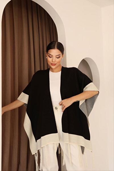 bacc Black Tassel Color Block Winter Knitwear Shawl Bces-253005