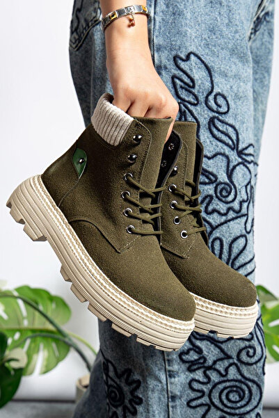 Dark Heel Kadın Haki Süet Günlük Bağcıklı Kışlık Bot Kaymaz Taban Rahat Şık Suya Dayanıklı Bootie Çizme
