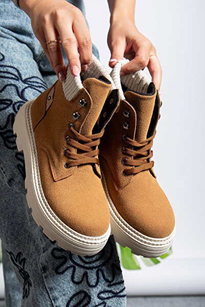 Dark Heel Kadın Taba Süet Günlük Bağcıklı Kışlık Bot Kaymaz Taban Rahat Şık Suya Dayanıklı Bootie Çizme