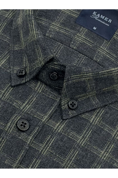 KAMER Men's Regular Fit Winter Long Sleeve Button-Up Collar Single Pocket Green Plaid Shirt 3329Y