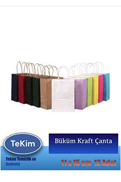 tekim temizlik ve ambalaj Büküm Saplı Mini Kraft Karton Çanta Hediyelik Poşet 12li Paket 15x11x6 cm Yeşil