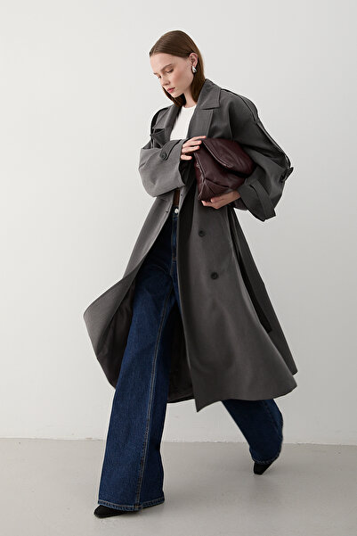 Laluvia Antrasit Lucky Düğme Detaylı Oversize Trençkot