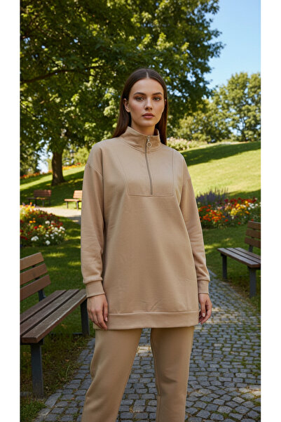 Kirazgym Zippered Detailed Stand Collar Combed Cotton Suit