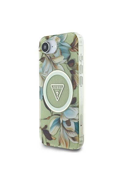 Guess Θήκη για iPhone 16e, IML Flowers με λουράκι Pearl Strip MagSafe, - Πράσινη