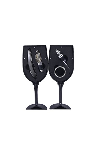 Doty Wine Accessories Set, Glass Shaped Case, 4 Pieces, Corkscrew, Pourer, Stopper, Ring, Inox