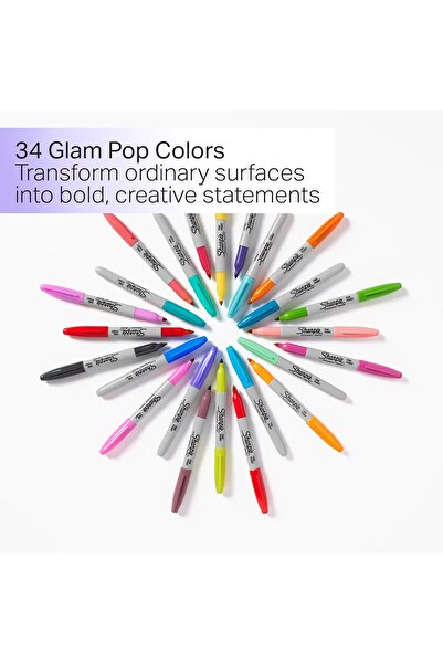 Sharpie Set of 34 Glam Pop Fine Point markers, assorted colors, bullet tip 0.9 F