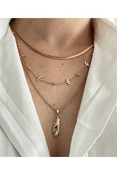 mibrillo Çelik üçlü kolye ( İtalyan zincir . Kırlangıç kolye ve Kuş tüyü yıldız detaylı kolye seti)