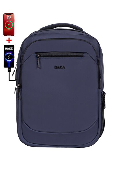 Dada MacBook Compatible Navy Blue Laptop Backpack 14 Inch Shock Absorbing USB Type-C Waterproof Fabric Unisex