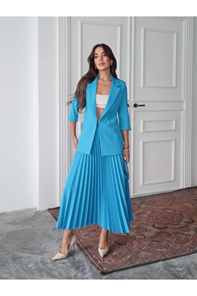 Swass Jacket and Blue Pleated Long Skirt Set