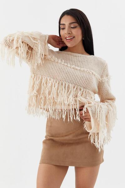 Shopping Shop سترة قصيرة مزينة بالشراشيب باللون البيج