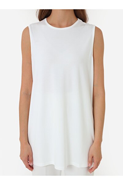 Benin Comfortable Fit Crew Neck Sleeveless Long Tunic - Cream -