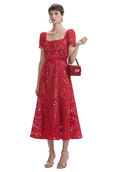 Self Portrait Red Floral Lace Midi Elbise