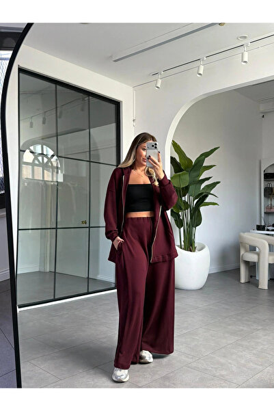 KÜBRA SÖYLEMEZ BOUTİQUE طقم مودال مماثل للعلامة التجارية الأصلية باللون العنابي