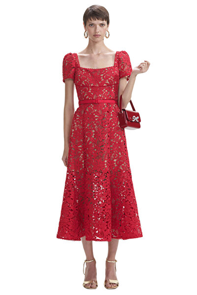 Self Portrait Red Floral Lace Midi Elbise