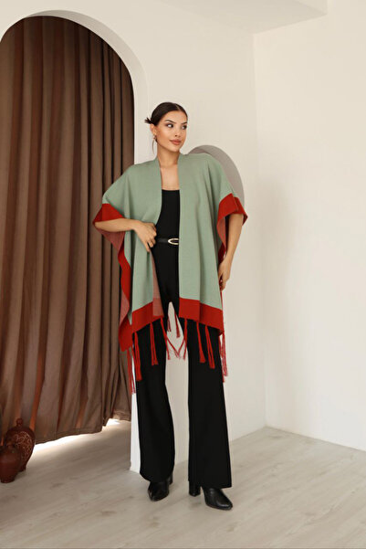 bacc Women's Green Tassel Color Block Winter Knitwear Shawl Bces-253005