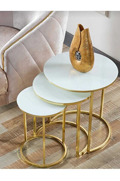 CEOEXPORT CEO GOLD BEYAZ CAM ZİGON SEHPA 3'LÜ METAL ZİGON SEHPA