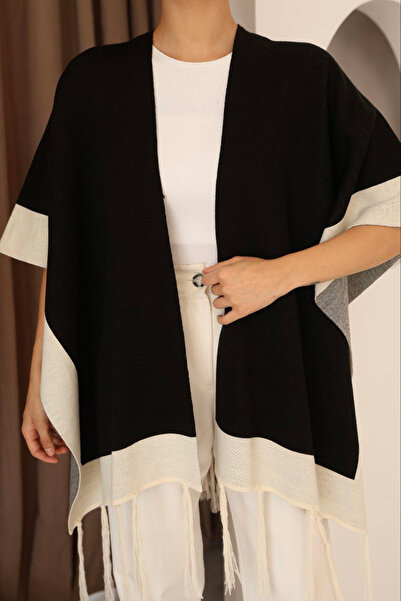 bacc Women's Black Tassel Color Block Winter Knitwear Shawl Bces-253005