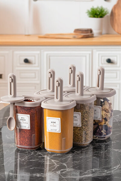 Porsima 4362 Spice Rack Set with Sliding Spoon, 6 Pieces, Transparent - Cappucino