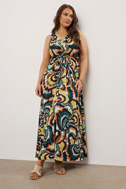 Stil Diva Plus Size V-Neck Zero Sleeve Front Gathered Abstract Pattern Maxi Dress 616343
