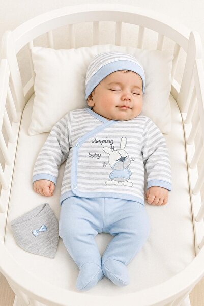 BYS BABY FASHION %100 Pamuklu Yenidoğan Kız Bebek Uyuyan Tavşan Desenli 5 Par...