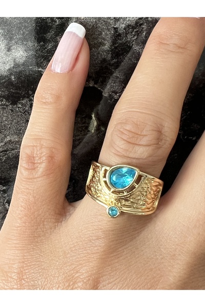 tones official Mavi Sentetik Topaz Taşlı 7-8 numara Altın Kaplama Yüzük